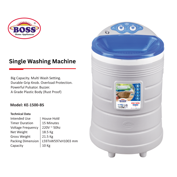Single Washer 1500 BS Blue technical Single Washing Machine KE 1500-BS (10Kg)
