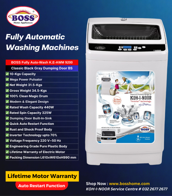 Automatic Washing Machine KE-AWM-9200 Classic Black Gray Dumping Door BS (10-Kgs)